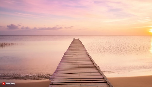 ein hölzerner Gehweg, der in das Meer führt, ein wunderschöner pastellfarbener Sonnenuntergang in Violettfarben.