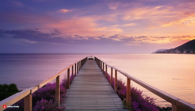ein hölzerner Gehweg, der in das Meer führt, ein wunderschöner pastellfarbener Sonnenuntergang in Violettfarben.