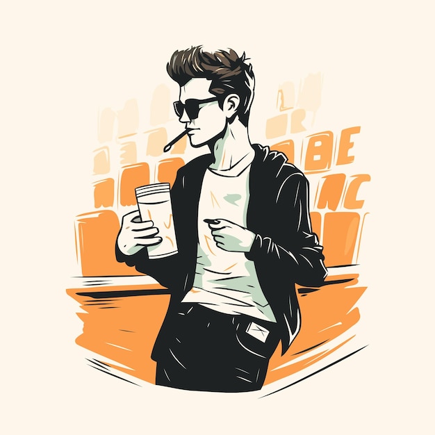 Vektor ein hübscher junger mann mit sonnenbrille trinkt kaffee vektor-illustration