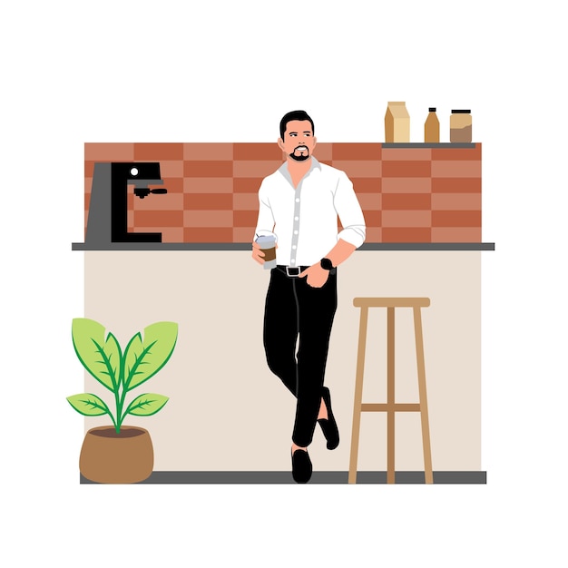 Ein hübscher Mann sitzt an der Bar und trinkt Kaffee Vektor Illustration