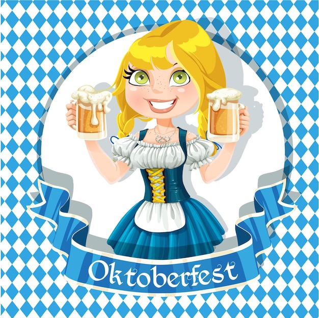 Ein hübsches blondes Mädchen mit einem Glas Bier feiert das Oktoberfest.