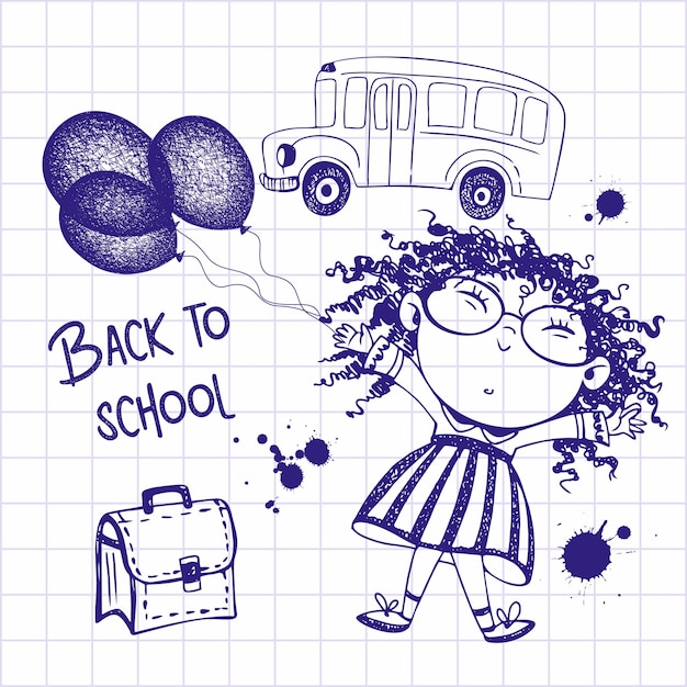 Ein hübsches mädchen mit einer aktentasche und luftballons geht zur schule zurück zur schule schulbus zeichnen mit einem stift auf einem notizbuchblatt vektor