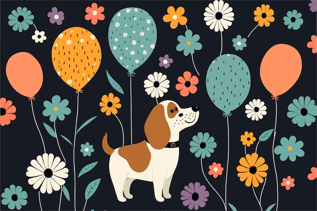 Ein Hund mit Blumen- und Ballonillustration