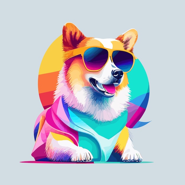 Ein Hund mit Sonnenbrille und einem Regenbogenhemd