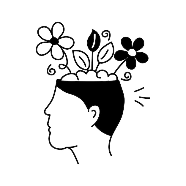 Ein Ikon von Kopf und Schultern einer Person im Profil mit Blumen und Blättern, die aus ihrem Verstand wachsen