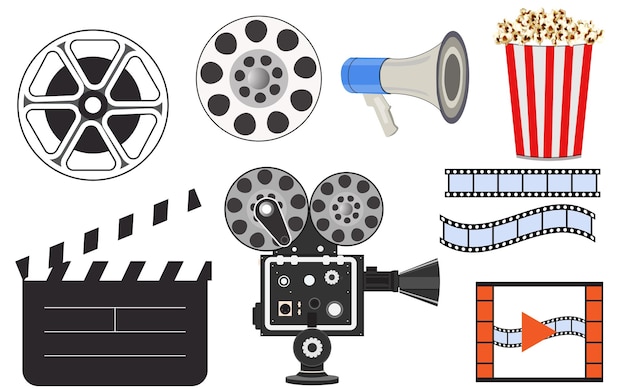 Ein Ikonenset der Kino- oder Medienfilmindustrie, Mikrofon, Lautsprecher, Filmkamera-Klappe.
