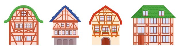 Vektor ein isolierter satz von holzhäusern mit freiliegenden holzbalken an der außenseite erzeugt einen charmanten und unverwechselbaren architektonischen stil, der im mittelalterlichen europa beliebt war.