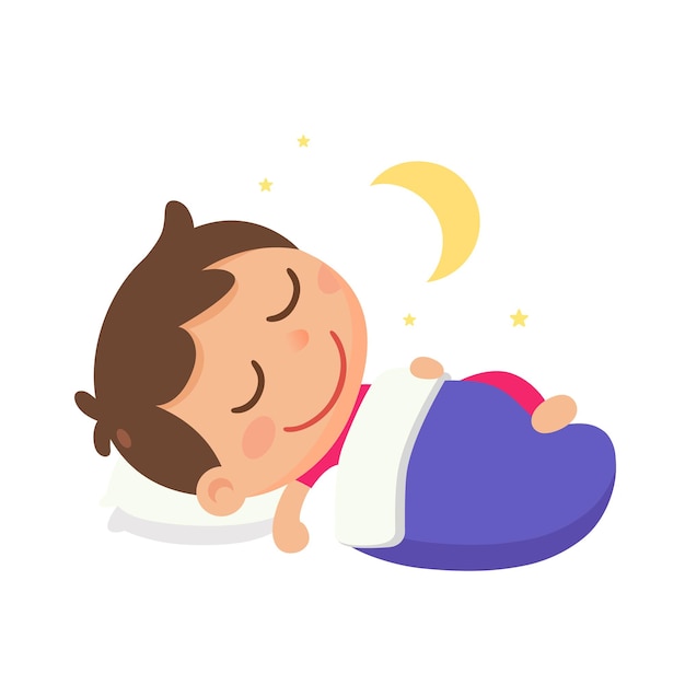 Ein Junge, der nachts auf dem Bett in der flachen Illustrationsart des Vektors schlafend schläft
