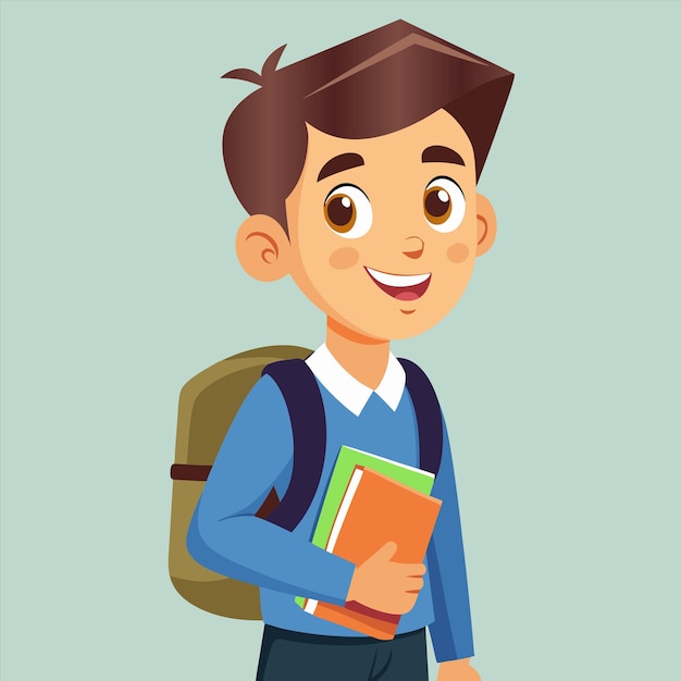 ein Junge mit einem Rucksack und einem Buch, auf dem steht: "Es ist eine Schule".