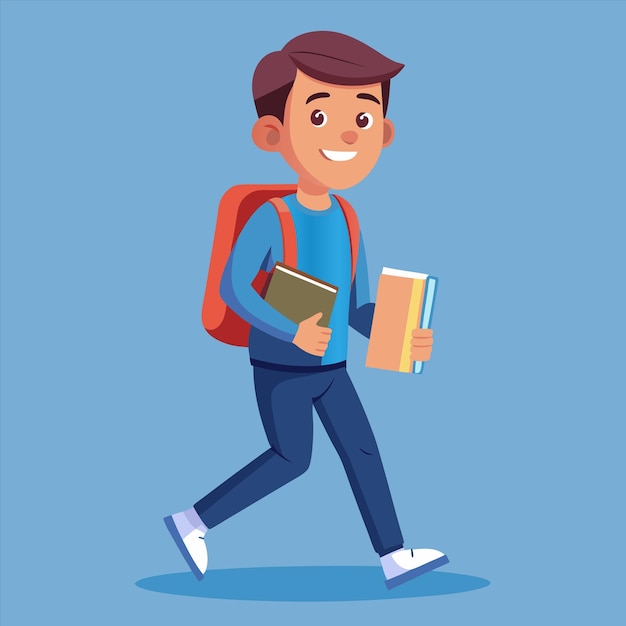 ein Junge mit einem Rucksack und einem Buch in der Hand
