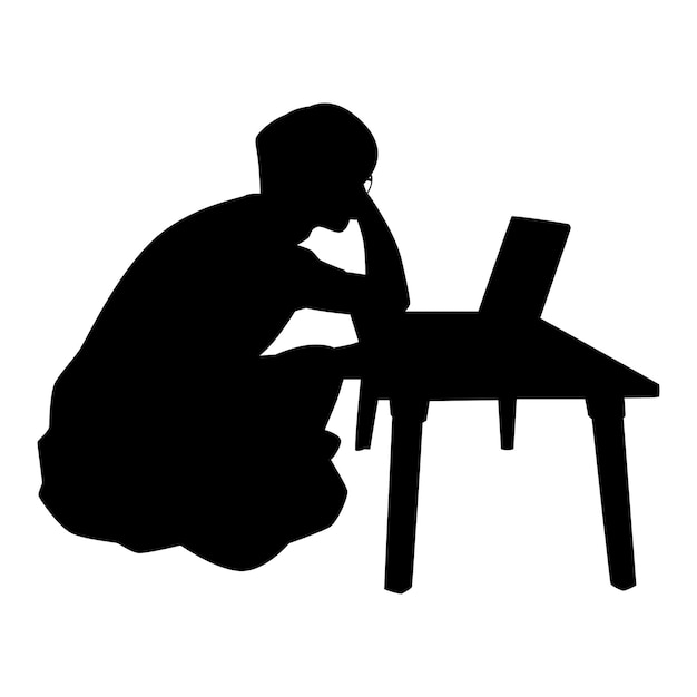 Ein Junge sitzt mit einem Computer-Notebook-Silhouettenvektor auf weißen Menschen und einem Technologiekonzept