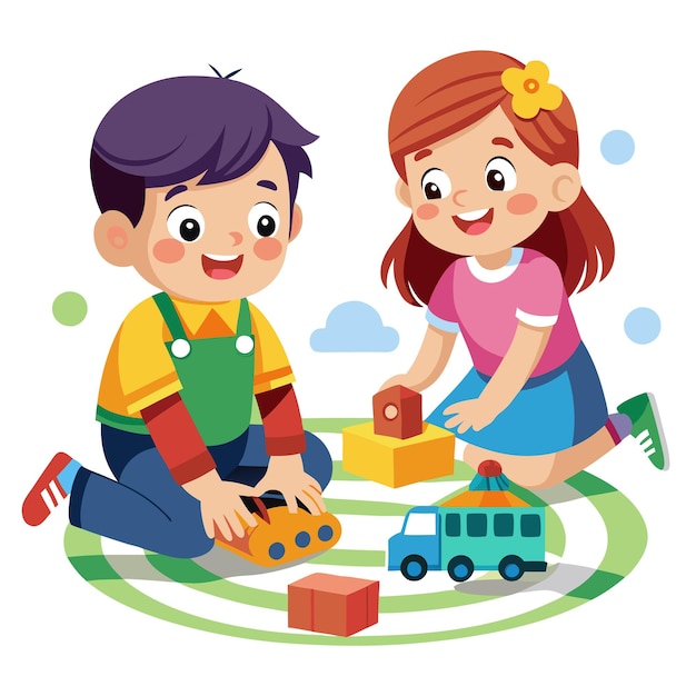 ein Junge und ein Mädchen spielen mit Kisten und einem Spielzeugtruck-Vektor