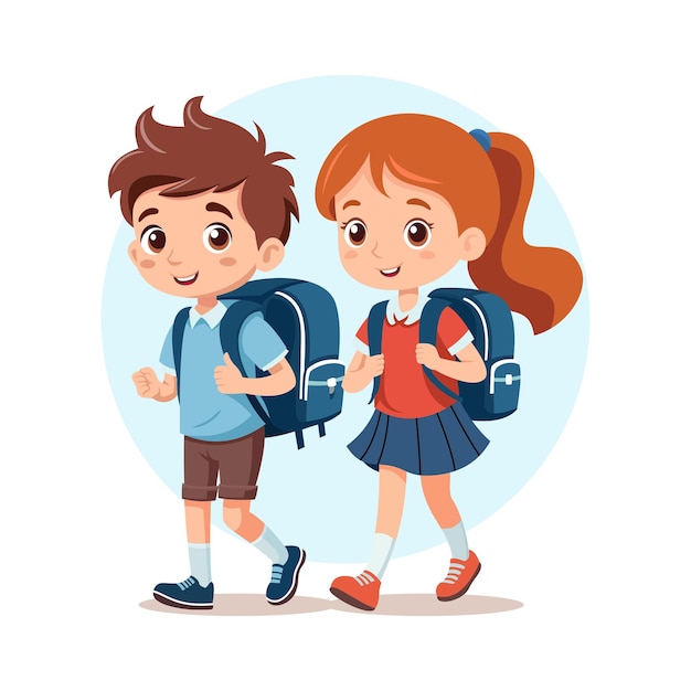 Ein Junge und ein Mädchen tragen Rucksäcke, um zur Schule zu gehen