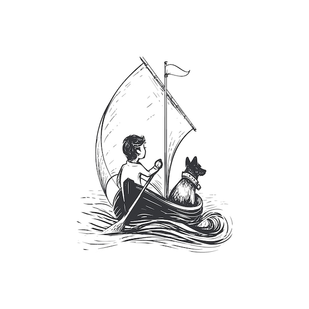 Ein junge und sein hund in einer bootslogoillustration