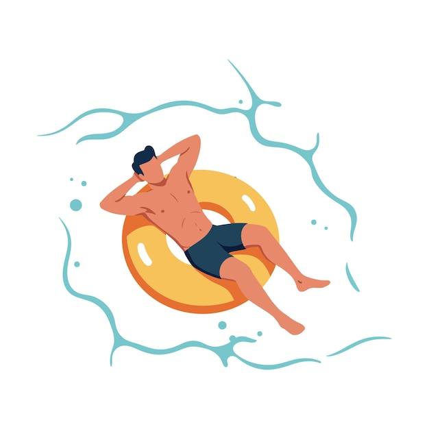Ein junger Mann entspannt sich auf einem gelben aufblasbaren Ring in einem Pool und genießt die sommerlichen Vibes, flache Design-Vektorkunst