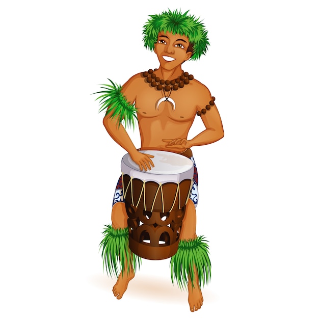 Ein junger mann in hawaiianischer kleidung spielt die trommel.