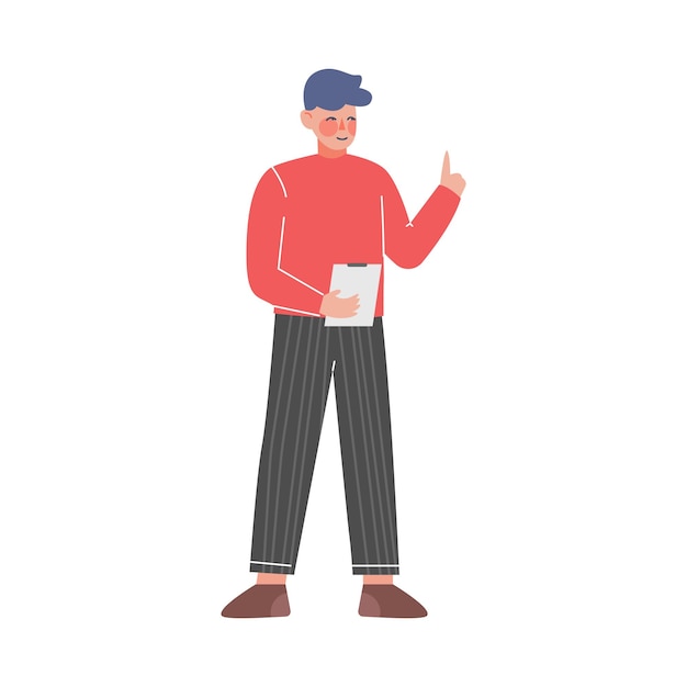 Ein junger Mann mit einer To-Do-Liste steht mit einer Aufklapptafel und hält seine Zeigefinger-Vektorillustration hoch