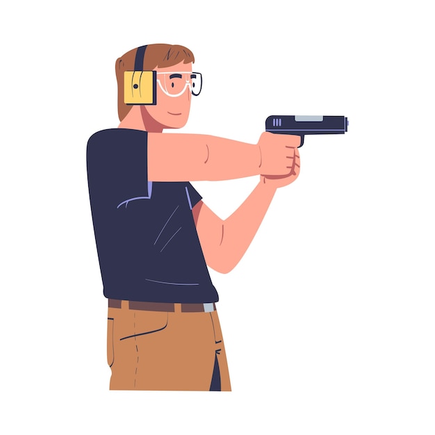 Ein junger Mann mit Ohrschutz und Brille zielt mit einer Waffe, ein Mann hält eine Waffe und trainiert taktisch.