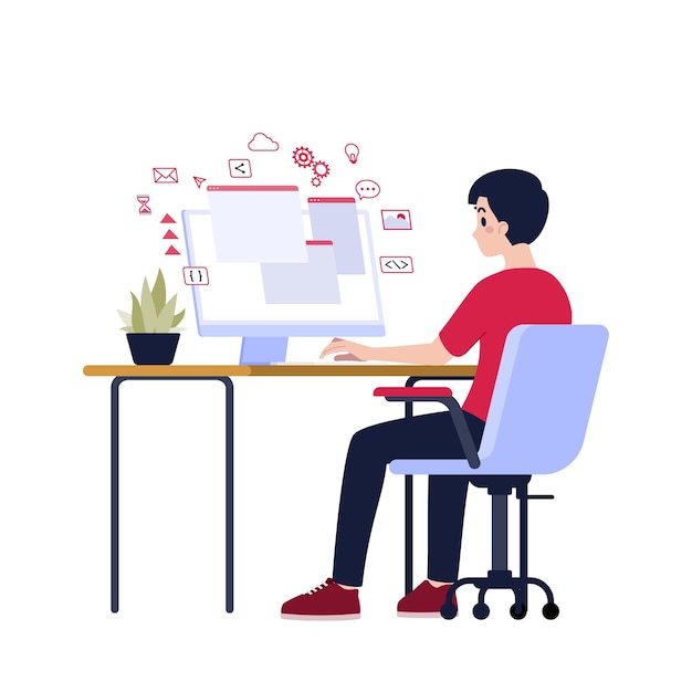 Ein junger Mann sitzt an seinem Schreibtischarbeitsplatz mit seinem persönlichen Desktop-Computer, der ein Online-Programm im Konzept der Arbeit zu Hause bearbeitet. Vektorillustration isoliert auf weißem Hintergrund