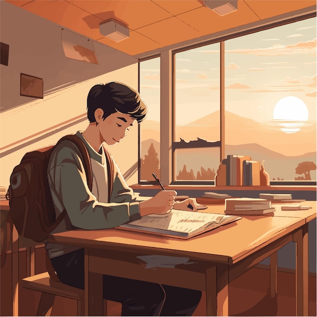Ein junger mann sitzt in seinem klassenzimmer und schreibt in sein notizbuch