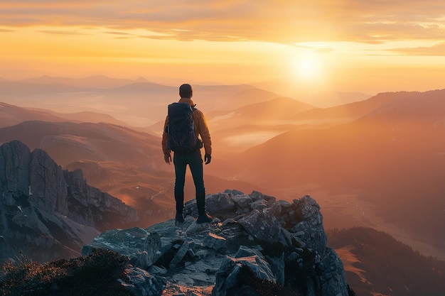 Ein junger Tourist mit Rucksack entspannt sich auf einem Felsen und genießt den Sonnenuntergang