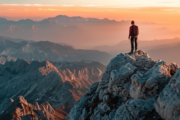 Ein junger Tourist mit Rucksack entspannt sich auf einem Felsen und genießt den Sonnenuntergang