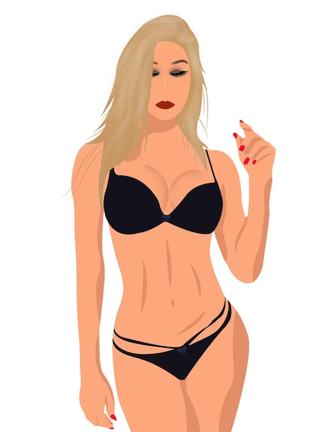 Ein junges blondes Fitness-Mädchen in schwarzen Dessous
