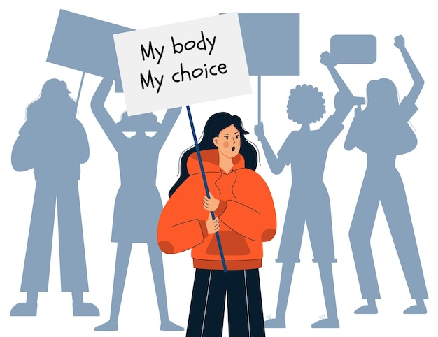 Ein junges Mädchen in einem Hoodie hält ein Schild mit der Aufschrift My body my choice Silhouetten von Demonstranten Aktivistin für Abtreibungsrechte Protest gegen das Abtreibungsverbot Kampf für Frauenrechte Vektor