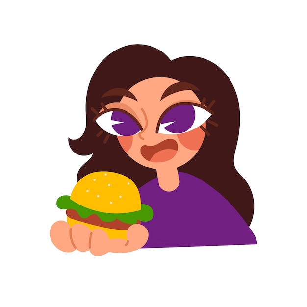 Ein junges schönes Mädchen wollte gerade einen Hamburger essen Das Konzept von Fast Food schmackhaft ungesund fettig appetitlich befriedigendes Essen Cartoon Flat Vector Illustration