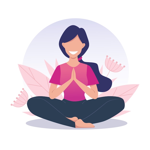 Vektor ein junges und glückliches mädchen praktiziert yoga und meditiert. lotus position, padmasana. vektorillustration