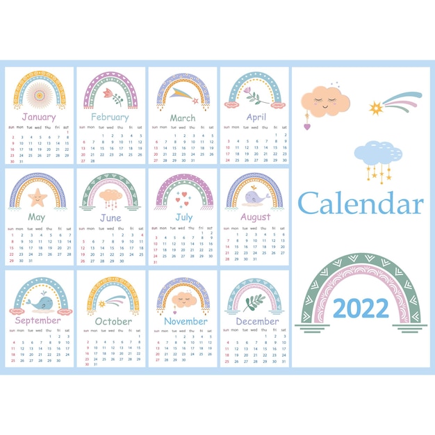 Ein kalender im boho-stil für 2022 mit abstrakten regenbögen. geeignet für die dekoration eines kinder- oder schlafzimmers.