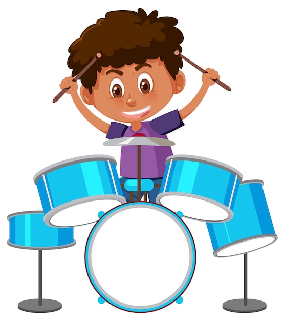 Ein kleiner Junge spielt Schlagzeug auf weißem Hintergrund