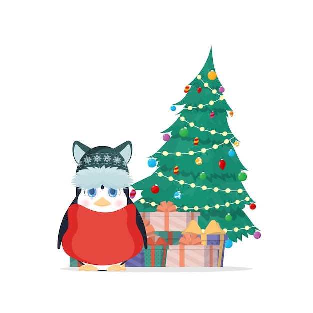 Ein kleiner pinguin mit süßem aussehen steht neben einem weihnachtsbaum mit einem berg voller geschenke. pinguin mit wintermütze und rotem schal. isoliert. vektor-illustration.