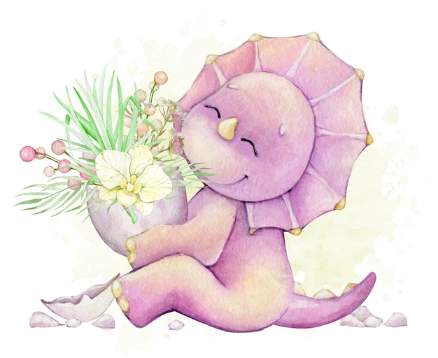 Vektor ein kleiner rosa dinosaurier sitzt und hält einen bouquet von orchideen und verlässt ein aquarell