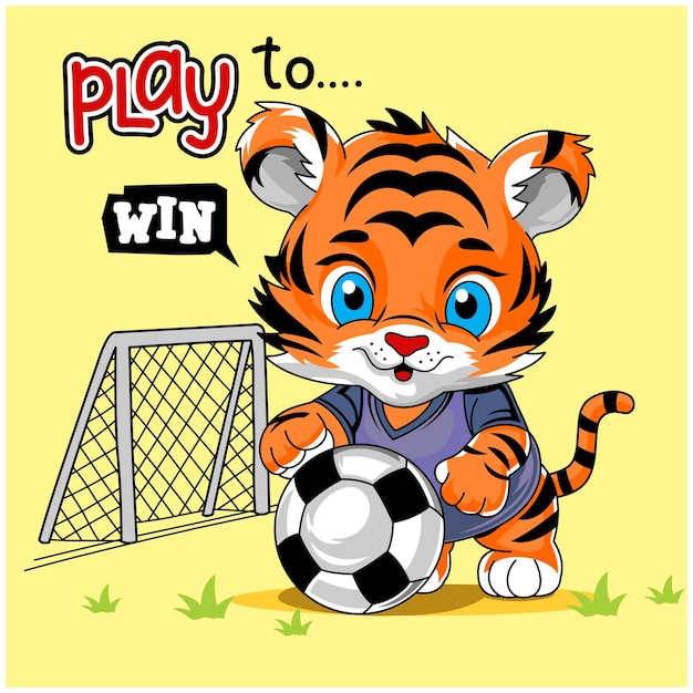 Vektor ein kleiner tiger spielt fußball, ein lustiger tiercartoon