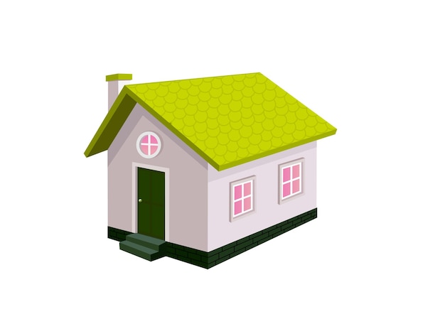 Ein kleines Haus mit einem grünen Dach und einem grünen Dach.