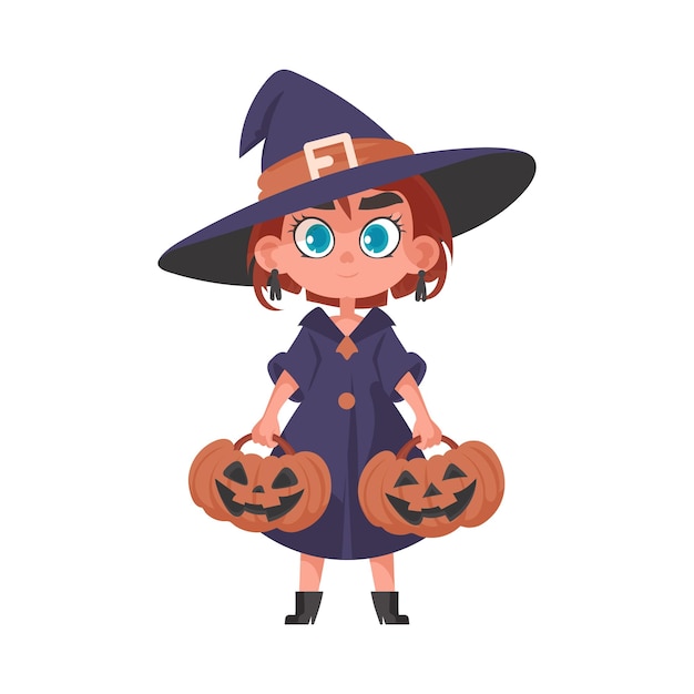 Ein kleines Mädchen ist als gruselige Hexe verkleidet und hält einen Kürbis in der Hand. Die Idee hinter Halloween besteht darin, sich zu amüsieren und lustige Dinge zu tun, die mit Halloween zu tun haben
