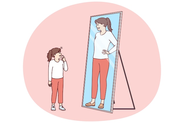 Ein kleines Mädchen schaut in den Spiegel, sieht das Spiegelbild einer erwachsenen Frau und träumt davon, erwachsen zu werden.