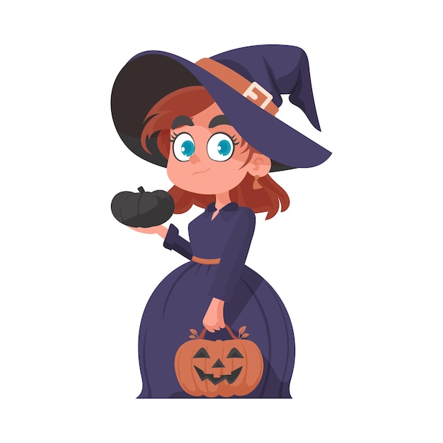 Ein kleines Mädchen trägt ein gruseliges Hexenkostüm und hält einen Kürbis mit Halloween-Thema