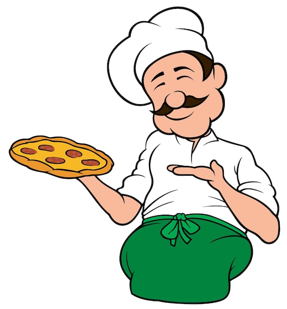 Ein koch in weißer uniform mit freen-schürze präsentiert eine salami-pizza als cartoon-illustration
