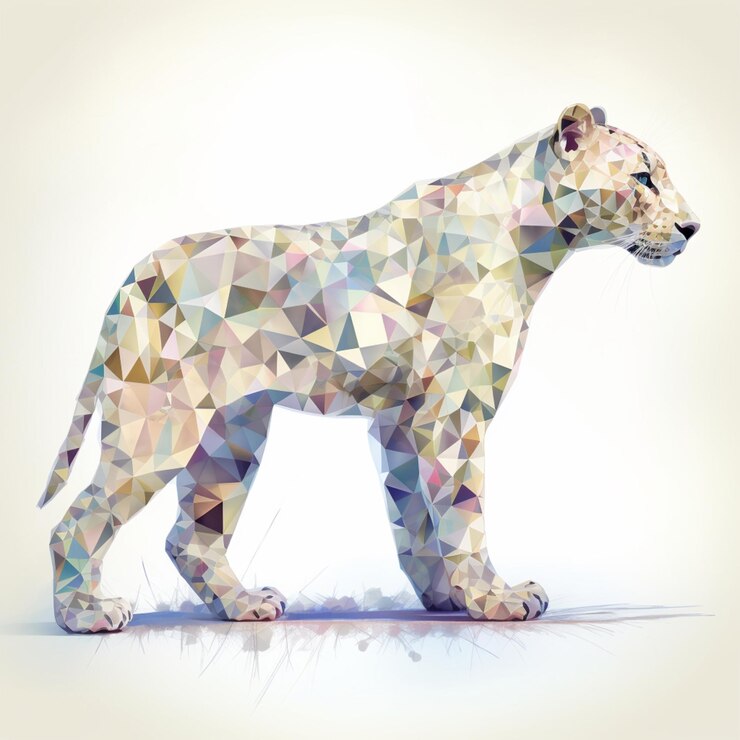 Ein kompliziertes Mosaik aus pastellfarbenen geometrischen Formen, die eine majestätische Silhouette eines Leoparden bilden