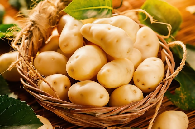 ein Korb mit Kartoffeln mit Blättern und einem grünen Blatt