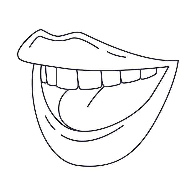Ein lächelnder lachender mund mit zähnen weibliche lippen umriss-doodle schwarz-weiß-vektorillustration isoliert auf weißem hintergrund