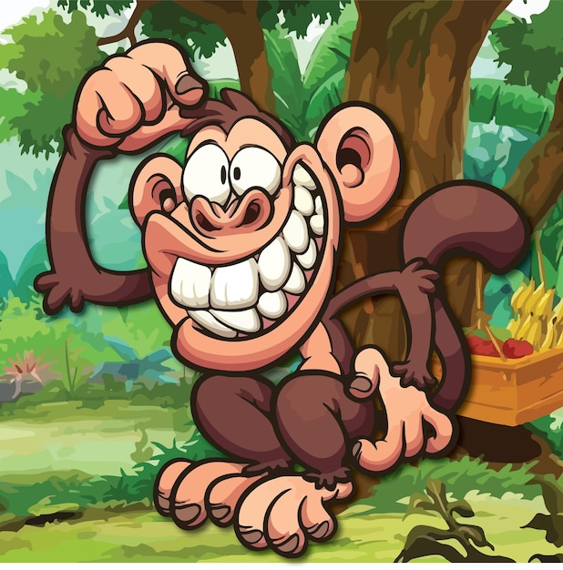 ein lächelndes Affen im Wald bringt Bananen