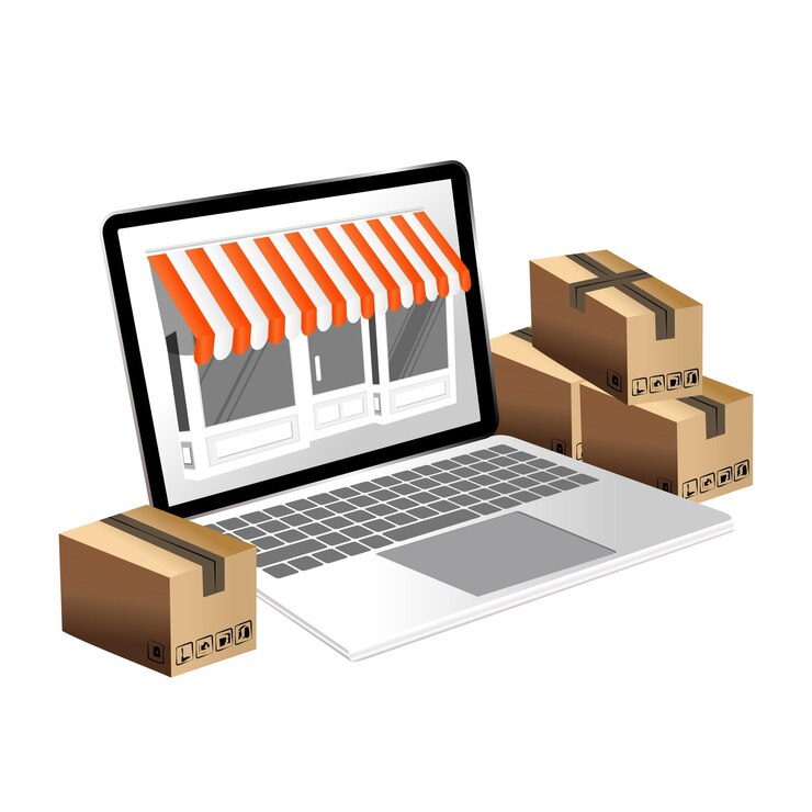 Vektor ein laptop mit schachteln auf dem bildschirm und eine schachtel mit dem satz shopon it