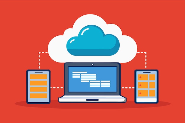 Ein Laptop und ein Telefon, die mit einem Cloud-Speicherdienst auf einem leuchtend roten Hintergrund verbunden sind, synchronisieren die Cloud-Datenlagerung auf einem Laptop Einfache und minimalistische flache Vektorillustration