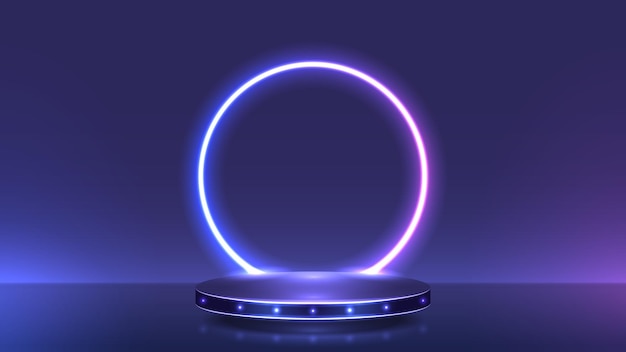 Ein leerer dunkelvioletter Hintergrund mit einem 3D-Podium und einem leuchtenden Kreis für Produktwerbung