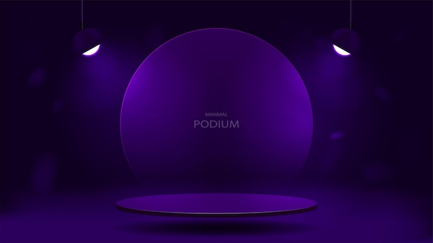 Ein leeres podium mit einem glaskreis mit leuchtenden lampen auf dunkelviolettem hintergrund. eine plattform im minimalistischen stil