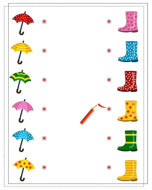 Ein logisches Spiel für Kinder, finden Sie ein Paar für einen Regenschirm und einen Stiefel mit dem gleichen Muster Vektor