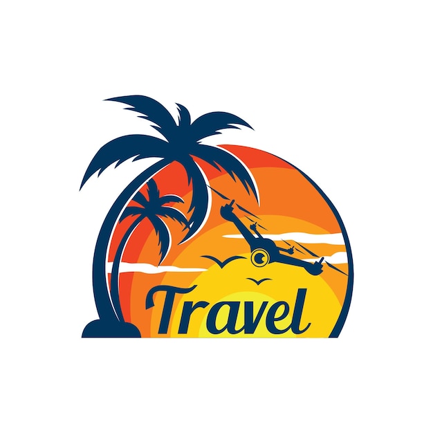 Ein logo für ein reiseunternehmen mit palmen und einer drohne am strand  Premium-Vektor
